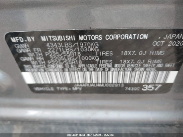 JA4ARUAU4MU002913 Mitsubishi Outlander Sport 2.0 Be Awc/2.0 Es Awc/2.0 Le Awc/2.0 Se Awc