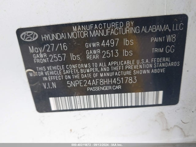 Hyundai Sonata 2017 5NPE24AF8HH451783 Image 9