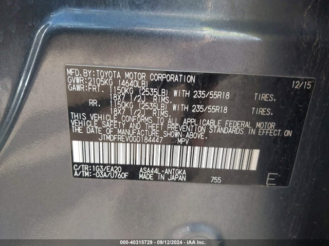 Toyota Rav4 Limited 2016 JTMDFREV0GD184447 Image 9