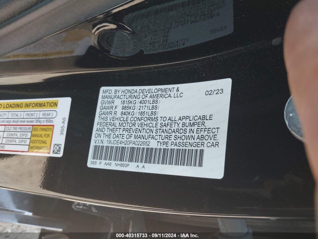 Aukcja sprzedaży 2023 Acura Integra, vin: 19UDE4H20PA022652, numer aukcji: 40315733