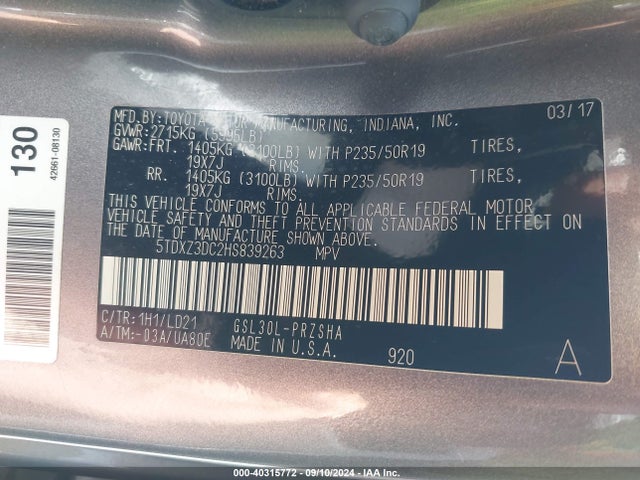 5TDXZ3DC2HS839263 Toyota Sienna Se Premium 8 Passenger