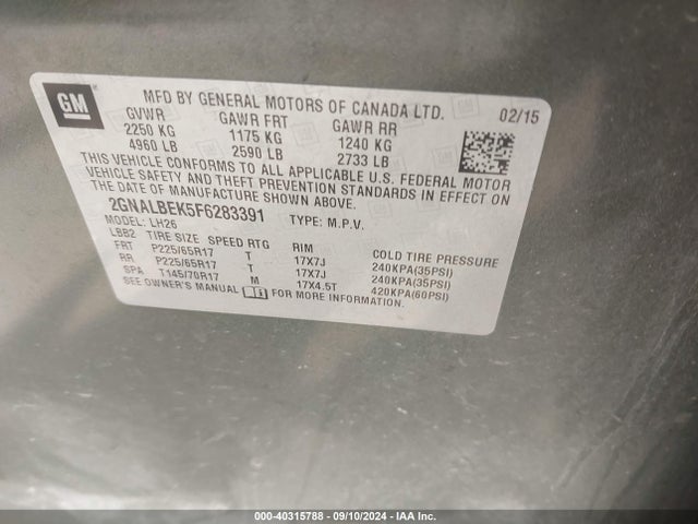 Chevrolet EQUINOX 1LT 2015 2GNALBEK5F6283391 Image 9