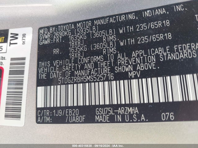 Toyota Highlander Xle 2021 5TDGZRBH5MS525716 Image 9