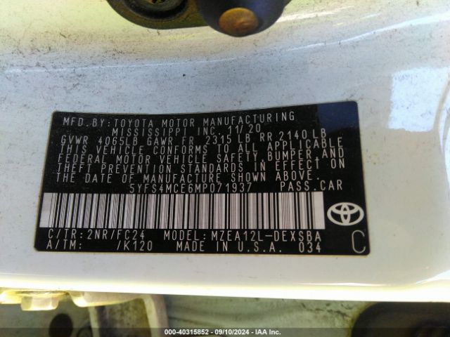 5YFS4MCE6MP071937 Toyota Corolla Se Apex Edition