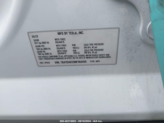 2022 TESLA MODEL Y 7SAYGAEE9NF464456 Photo 8