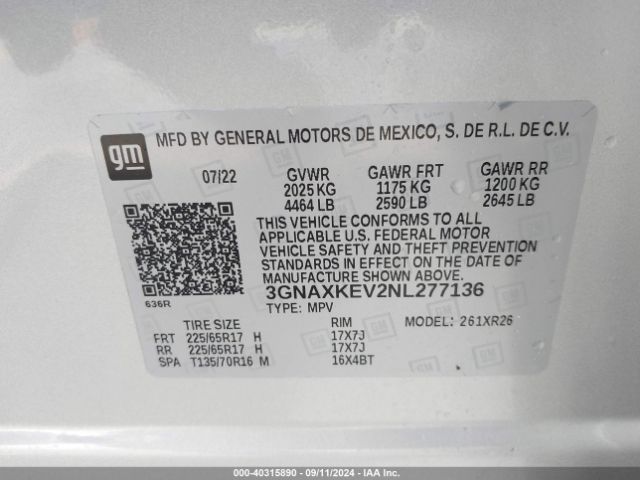 3GNAXKEV2NL277136 Chevrolet Equinox Fwd Lt