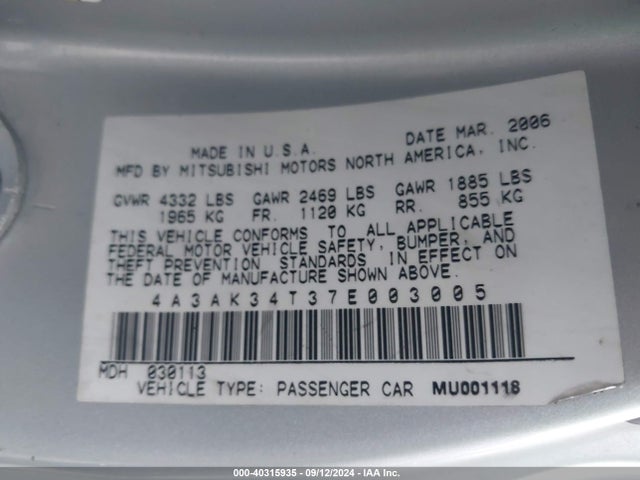 2007 MITSUBISHI ECLIPSE 4A3AK34T37E003005 Photo 8