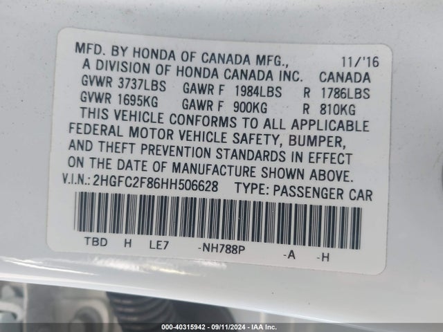 Honda CIVIC EX 2017 2HGFC2F86HH506628 Image 9