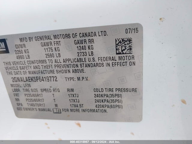 Chevrolet EQUINOX LS 2015 2GNALAEK5F6419772 Image 9