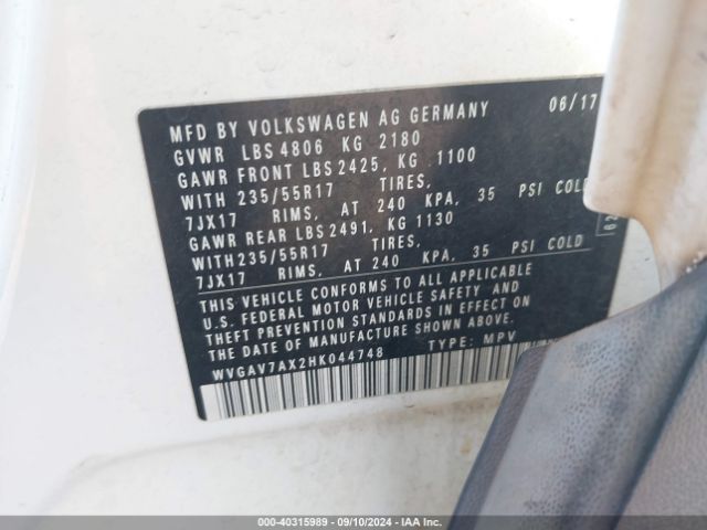 WVGAV7AX2HK044748 Volkswagen Tiguan 2.0t/2.0t S