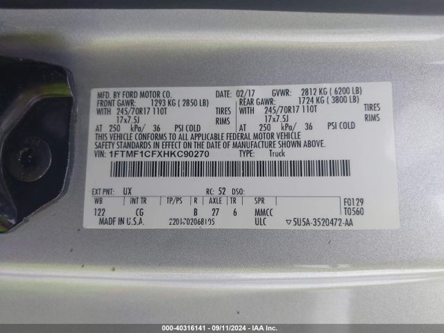 Ford F-150 Xl 2017 1FTMF1CFXHKC90270 Image 9