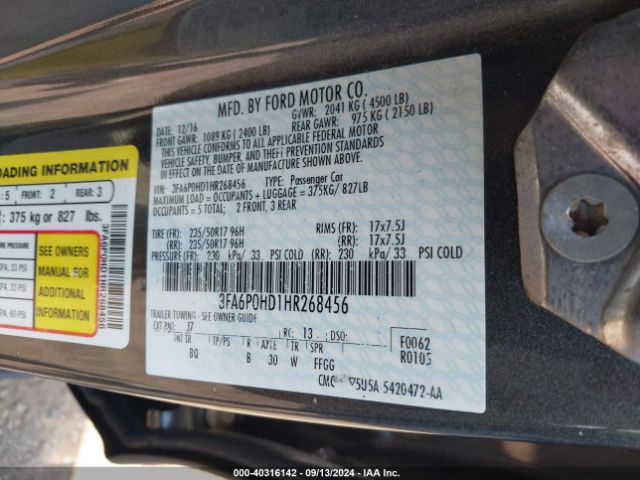 3FA6P0HD1HR268456 Ford FUSION SE