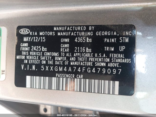 KIA Optima Lx 2015 5XXGM4A74FG479097 Image 9