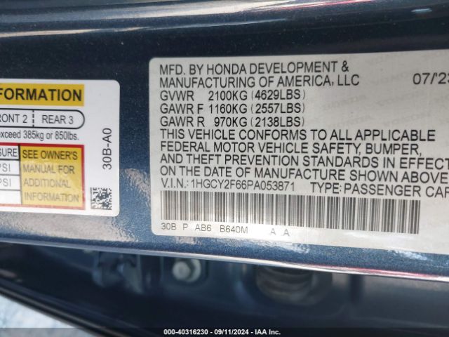 1HGCY2F66PA053871 Honda Accord Hybrid Ex-l