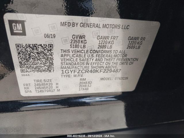 1GYFZCR40KF229487 Cadillac Xt4 Premium Luxury