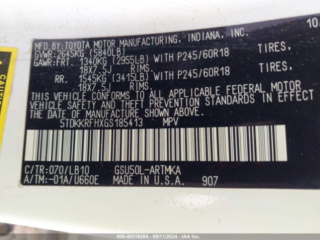 5TDKKRFHXGS185413 Toyota Highlander Xle V6