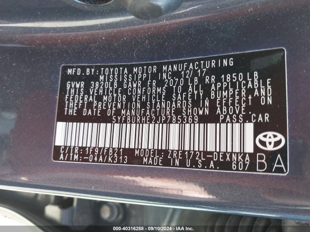Toyota COROLLA LE 2018 5YFBURHE2JP785369 Image 9