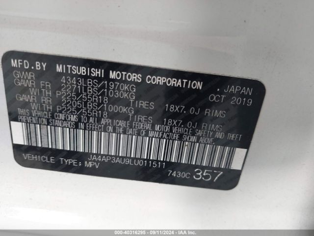 JA4AP3AU9LU011511 Mitsubishi Outlander Sport 2.0 Es