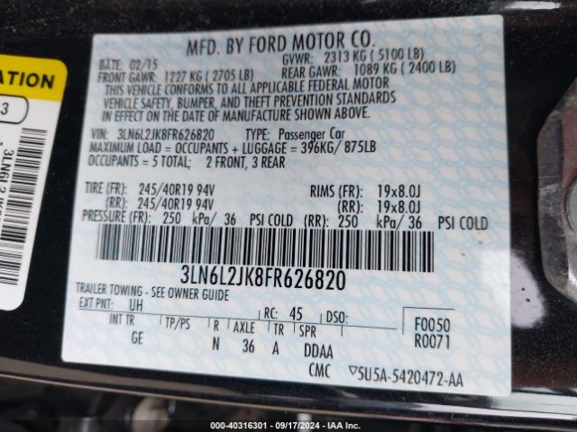 3LN6L2JK8FR626820 Lincoln MKZ