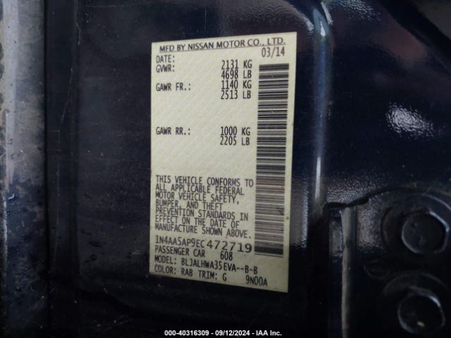 1N4AA5AP9EC472719 Nissan Maxima 3.5 Sv