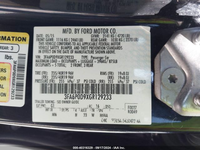 3FA6P0D9XGR129233 Ford Fusion Titanium