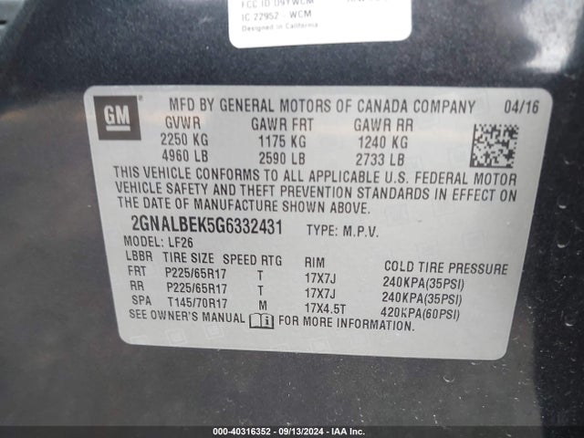 Chevrolet EQUINOX LS 2016 2GNALBEK5G6332431 Image 9