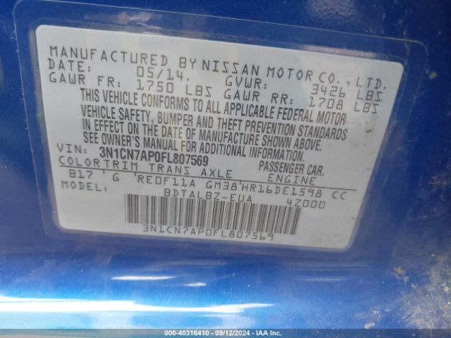 3N1CN7AP0FL807569 Nissan Versa 1.6 S/1.6 S+/1.6 Sl/1.6 Sv