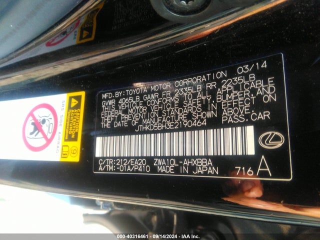 JTHKD5BH3E2190464 Lexus Ct 200h Hybrid