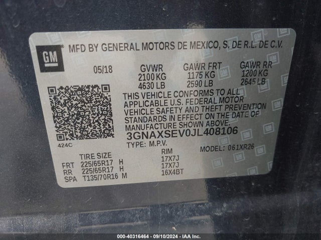 Chevrolet EQUINOX LT 2018 3GNAXSEV0JL408106 Image 9