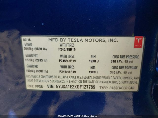 5YJSA1E2XGF127789 Tesla Model S 60d/70d/75d/85d/90d