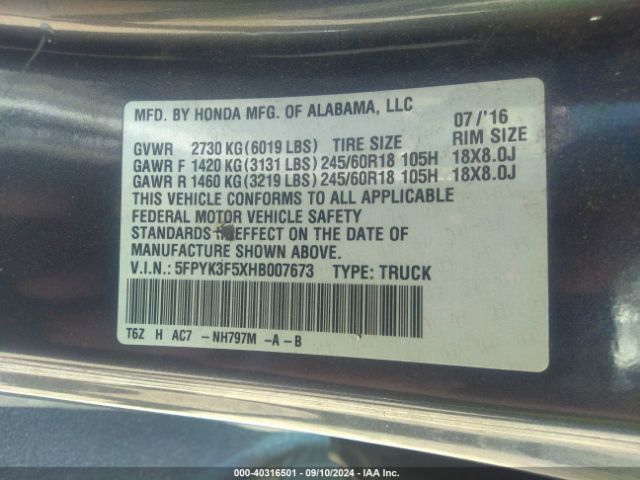 5FPYK3F5XHB007673 Honda Ridgeline Rtl