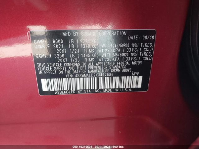 4S4WMALD2K3417586 Subaru Ascent Limited