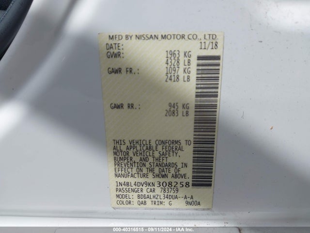 Nissan Altima 2.5 Sv 2019 1N4BL4DV9KN308258 Image 9
