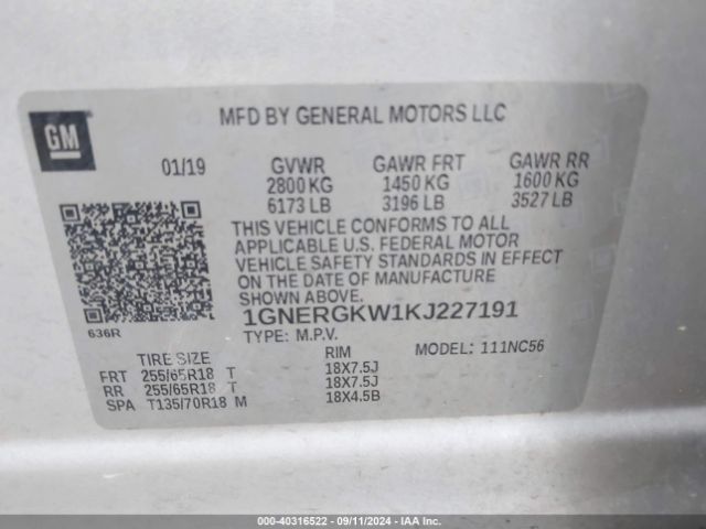 1GNERGKW1KJ227191 Chevrolet Traverse 1lt