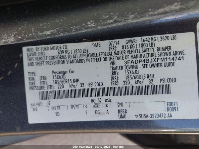 3FADP4BJXFM114741 Ford FIESTA SE