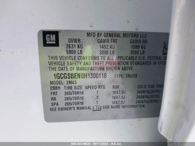 1GCGSBEN0H1300118 Chevrolet Colorado Wt