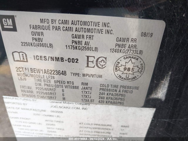 Продаж на аукціоні авто 2010 Gmc Terrain Sle-1, vin: 2CTALBEW1A6223648, номер лоту: 40316664