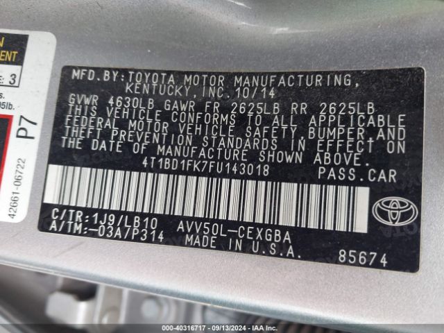 4T1BD1FK7FU143018 Toyota Camry Hybrid Xle
