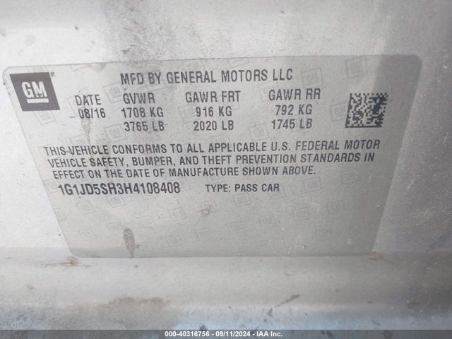 Chevrolet Sonic Lt Auto 2017 1G1JD5SH3H4108408 Image 9