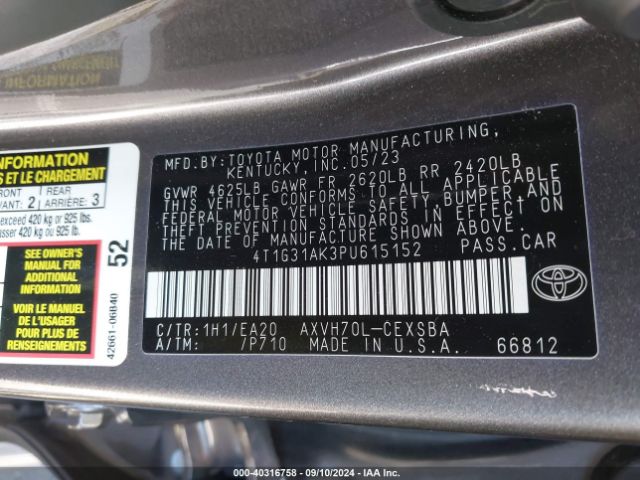 4T1G31AK3PU615152 Toyota Camry Se Hybrid