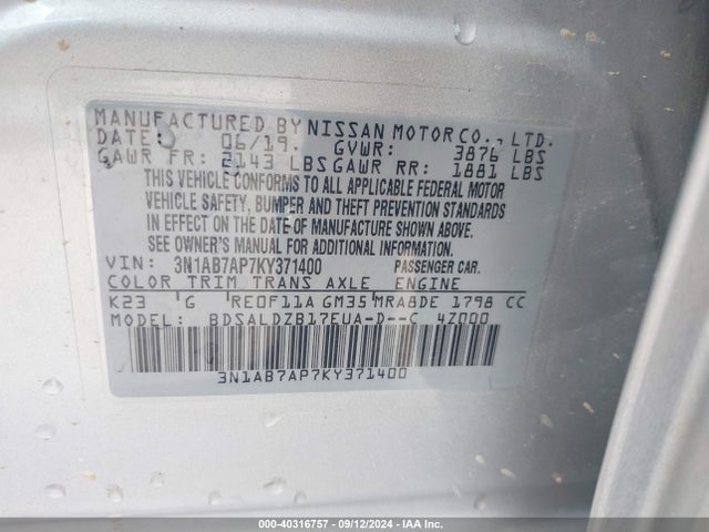 Nissan SENTRA SV 2019 3N1AB7AP7KY371400 Image 9