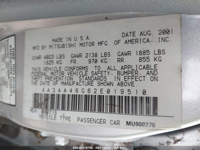 2002 MITSUBISHI GALANT 4A3AA46G62E019510 Photo 8