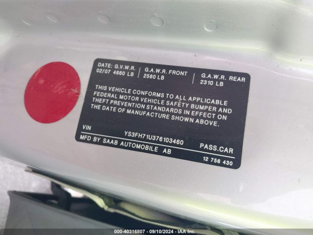 2007 SAAB 9-3 YS3FH71U376103460 Photo 8