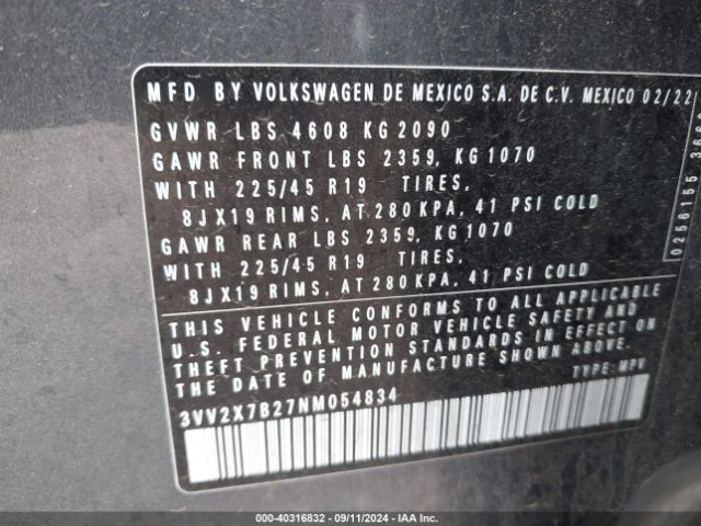 3VV2X7B27NM054834 Volkswagen Taos 1.5t Sel