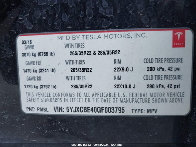 2016 TESLA MODEL X 5YJXCBE40GF003795 Photo 8