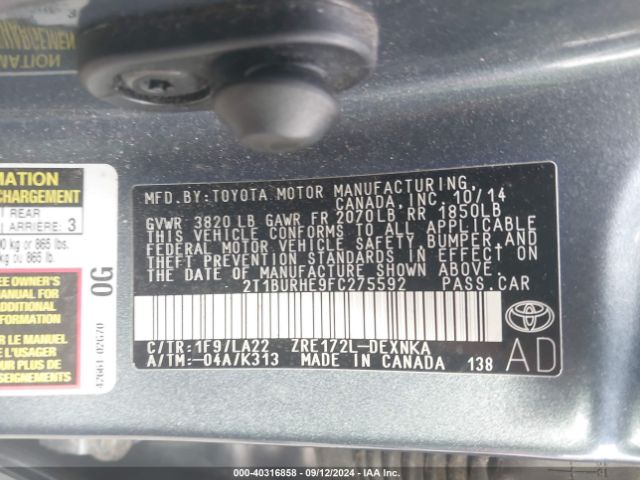 2T1BURHE9FC275592 Toyota Corolla Le Premium