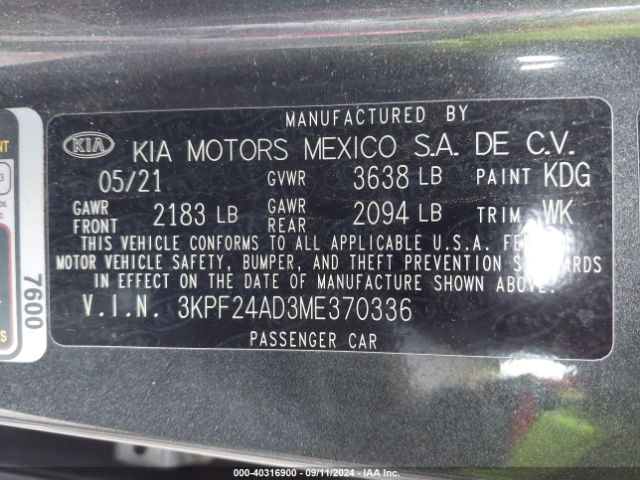 3KPF24AD3ME370336 KIA FORTE FE