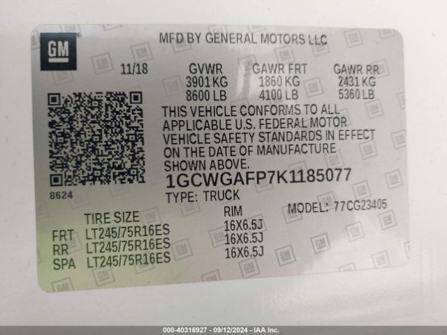 1GCWGAFP7K1185077 Chevrolet Express 2500 Work Van