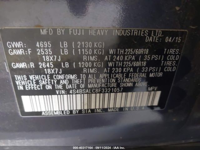 4S4BSALC8F3321057 Subaru Outback 2.5i Limited