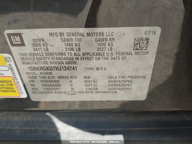 Chevrolet Traverse 1lt 2017 1GNKRGKD7HJ124741 Image 9